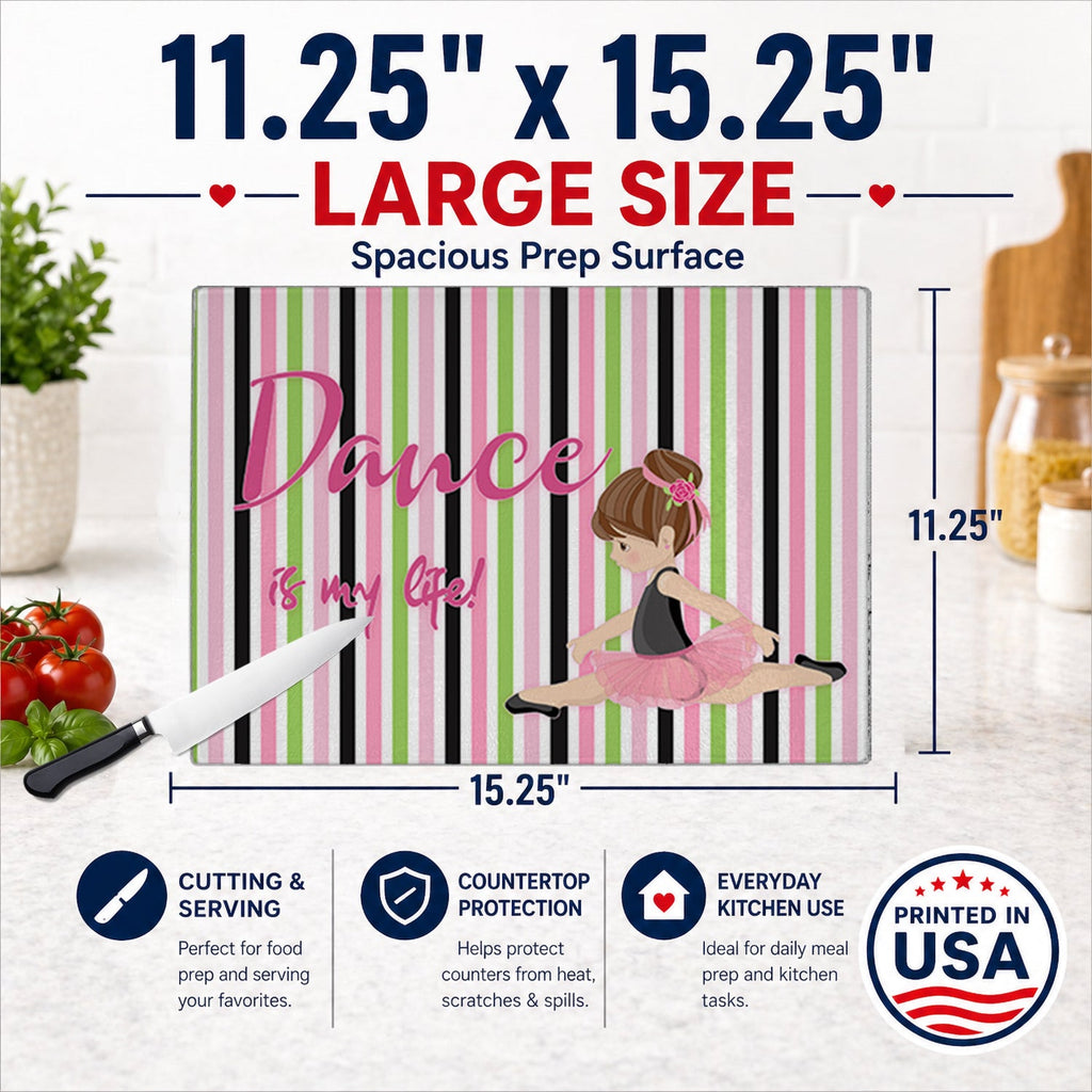 Ballet Dance is my Life Brunette Cutting Board Tempered Glass Kitchen Cutting Surface, Heat Resistant Chopping, Non-Slip Feet, Food Prep & Serving