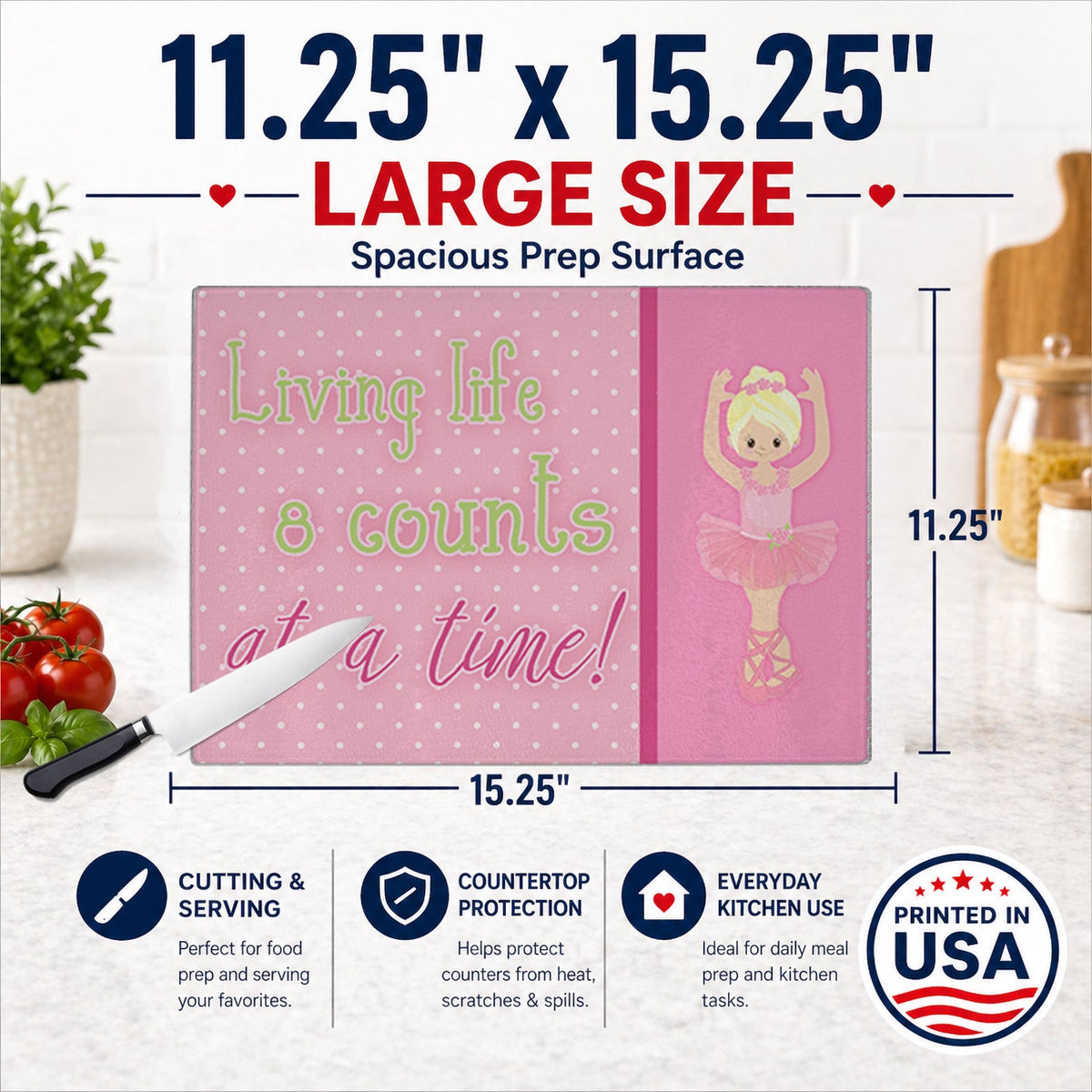 Ballet in 8 Counts Blonde Cutting Board Tempered Glass Kitchen Cutting Surface, Heat Resistant Chopping, Non-Slip Feet, Food Prep & Serving