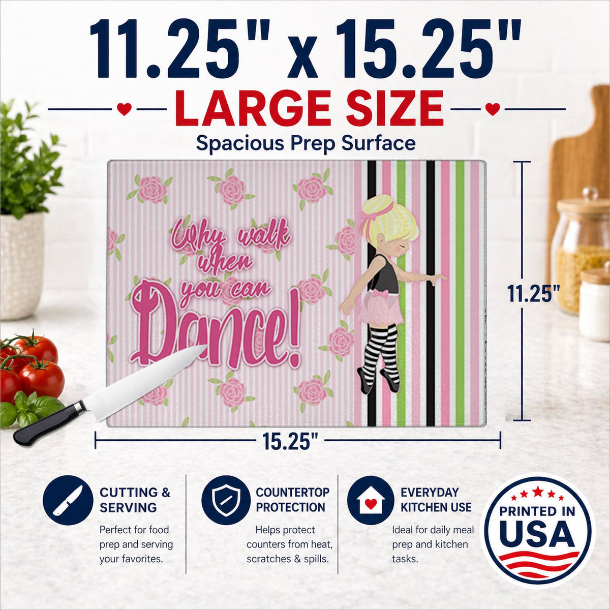 Ballet Dance Stripes Blonde Cutting Board Tempered Glass Kitchen Cutting Surface, Heat Resistant Chopping, Non-Slip Feet, Food Prep & Serving