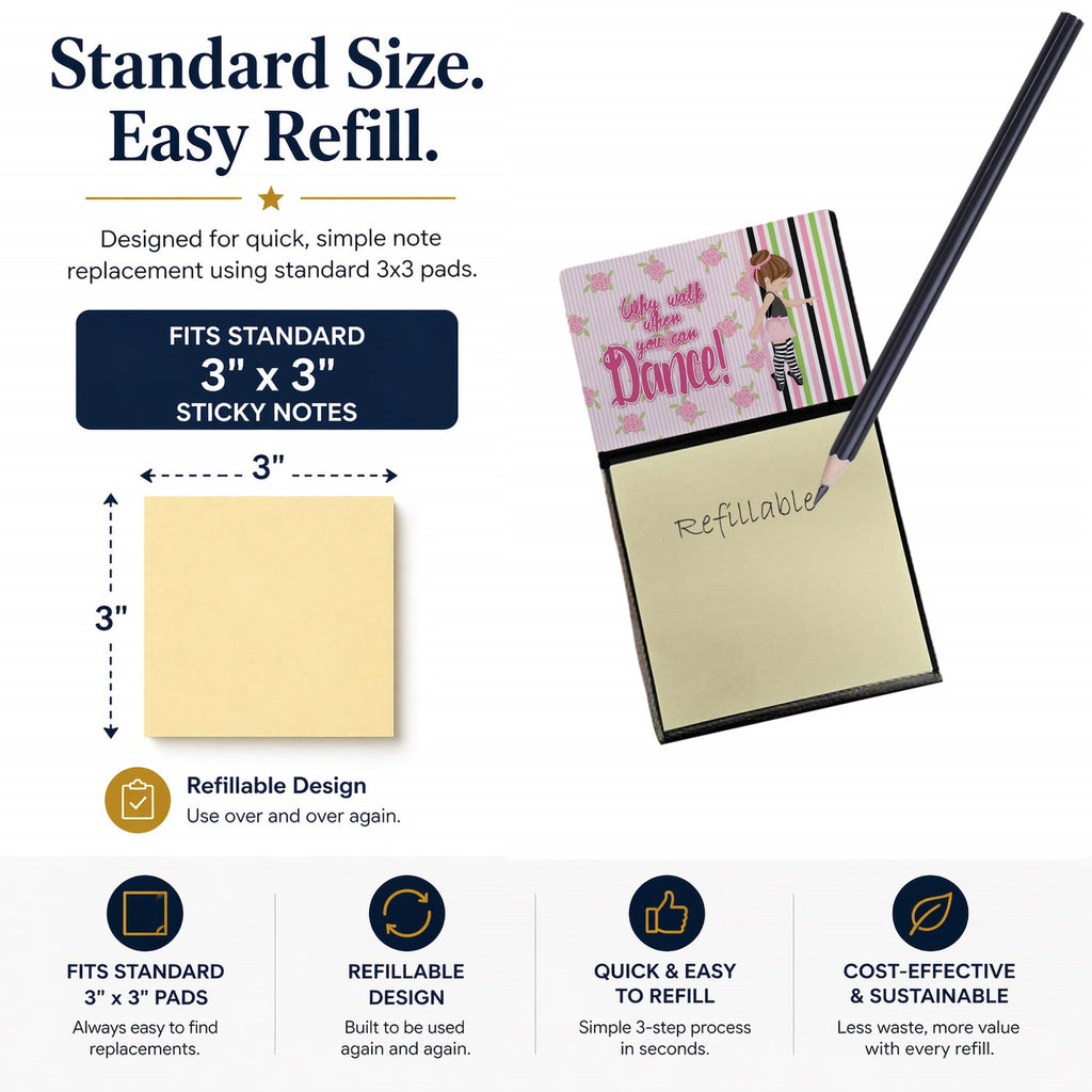 Ballet Dance Stripes Brunette Watercolor Sticky Note Holder Refillable Dispenser Desk Accessory 3x3 Pad Gift