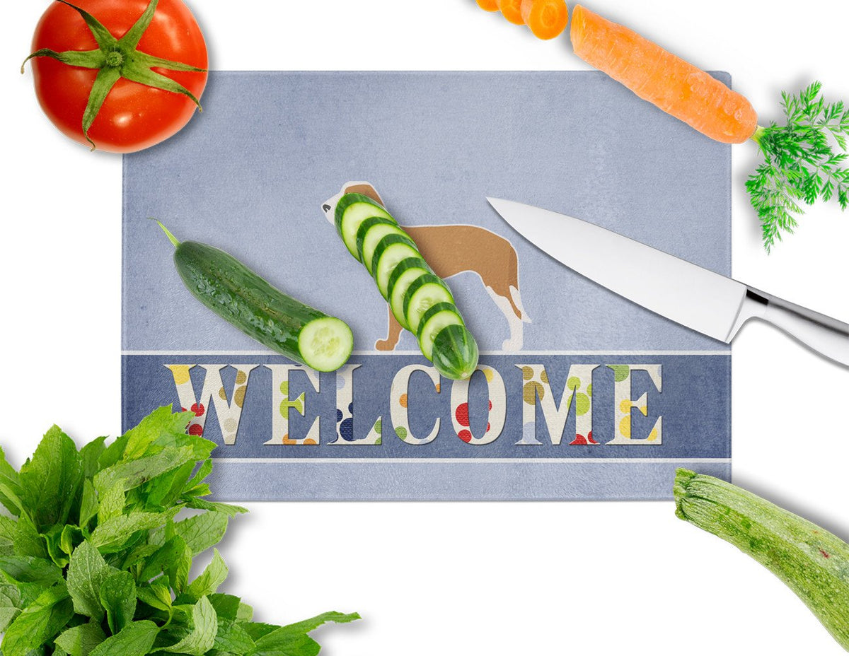 Spanish Hound Welcome Cutting Board Tempered Glass Kitchen Cutting Surface, Heat Resistant Chopping, Non-Slip Feet, Food Prep & Serving