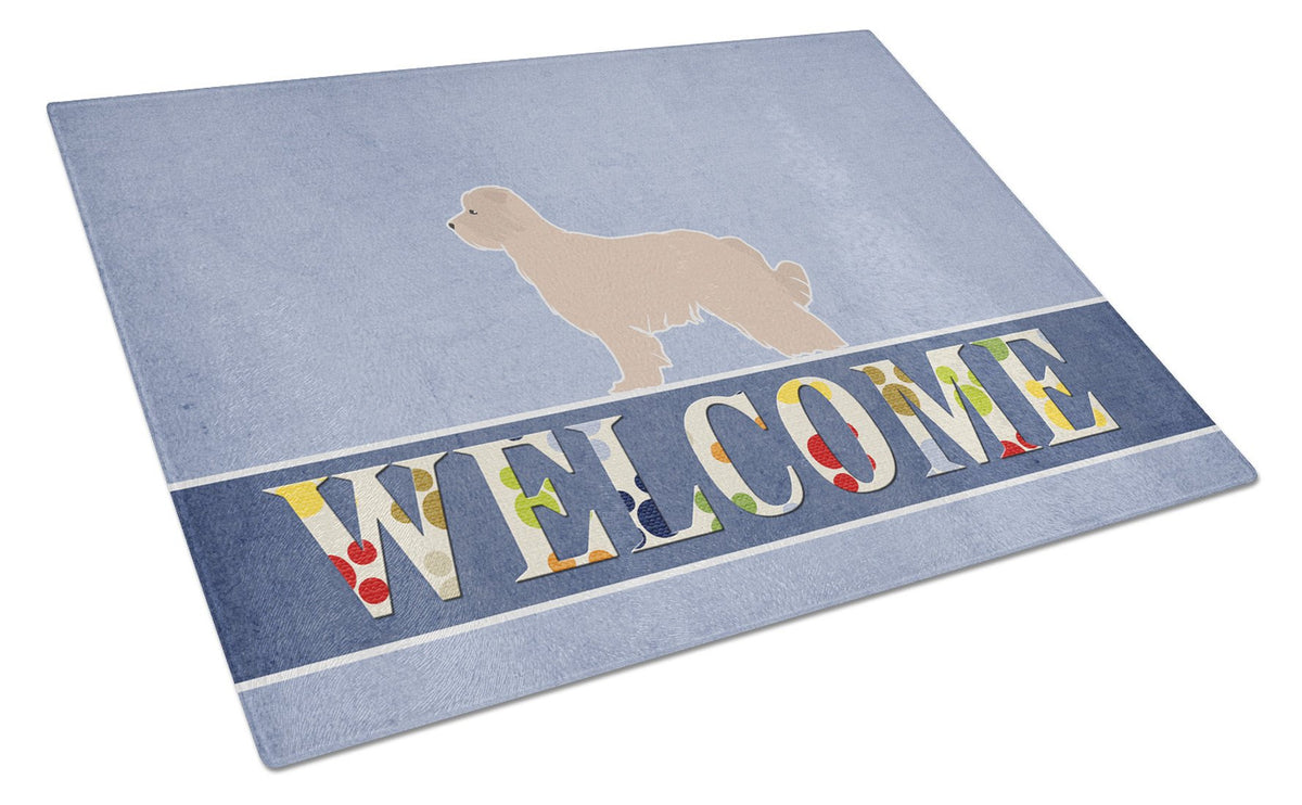 Pyrenean Shepherd Welcome Cutting Board Tempered Glass Kitchen Cutting Surface, Heat Resistant Chopping, Non-Slip Feet, Food Prep & Serving