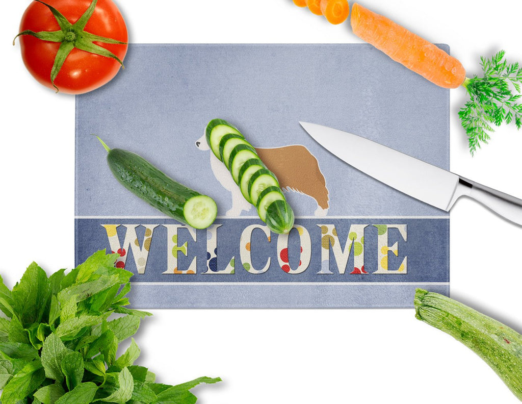 Australian Shepherd Dog Welcome Cutting Board Tempered Glass Kitchen Cutting Surface, Heat Resistant Chopping, Non-Slip Feet, Food Prep & Serving