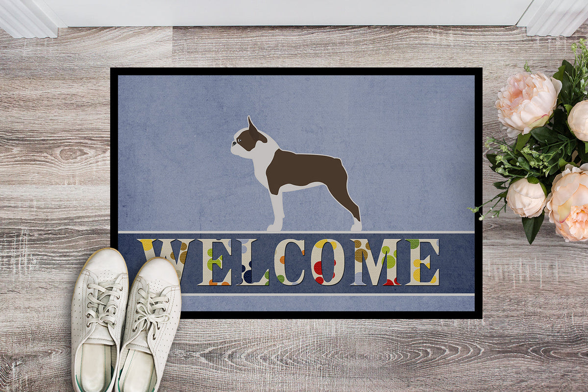 Boston Terrier Welcome Doormat Indoor Outdoor 18H X 27W Front Door Mat Rugs for Entryway, Non Slip Washable