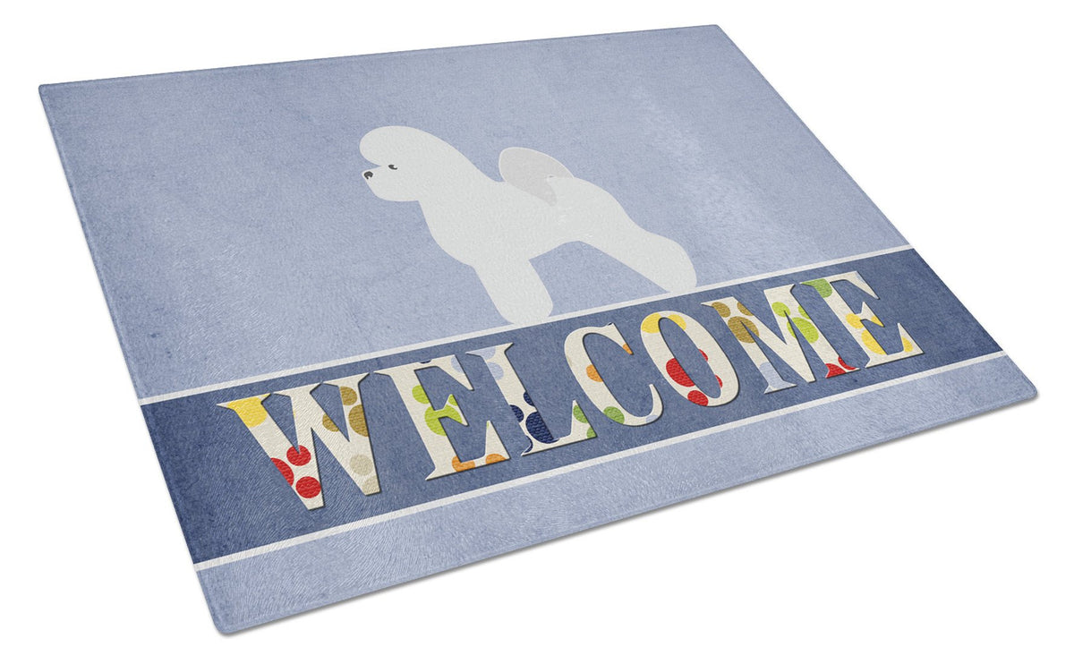 Bichon Frise Welcome Cutting Board Tempered Glass Kitchen Cutting Surface, Heat Resistant Chopping, Non-Slip Feet, Food Prep & Serving