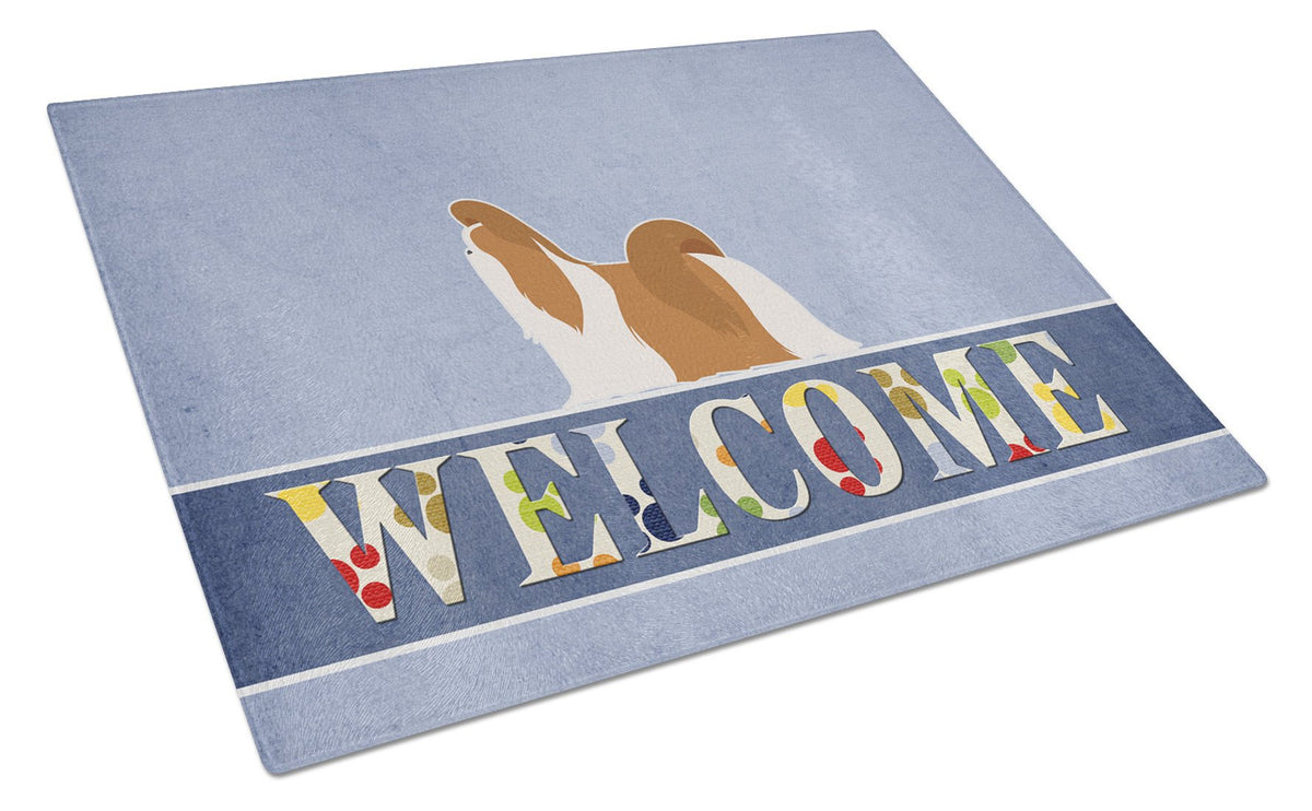 Shih Tzu Welcome Cutting Board Tempered Glass Kitchen Cutting Surface, Heat Resistant Chopping, Non-Slip Feet, Food Prep & Serving