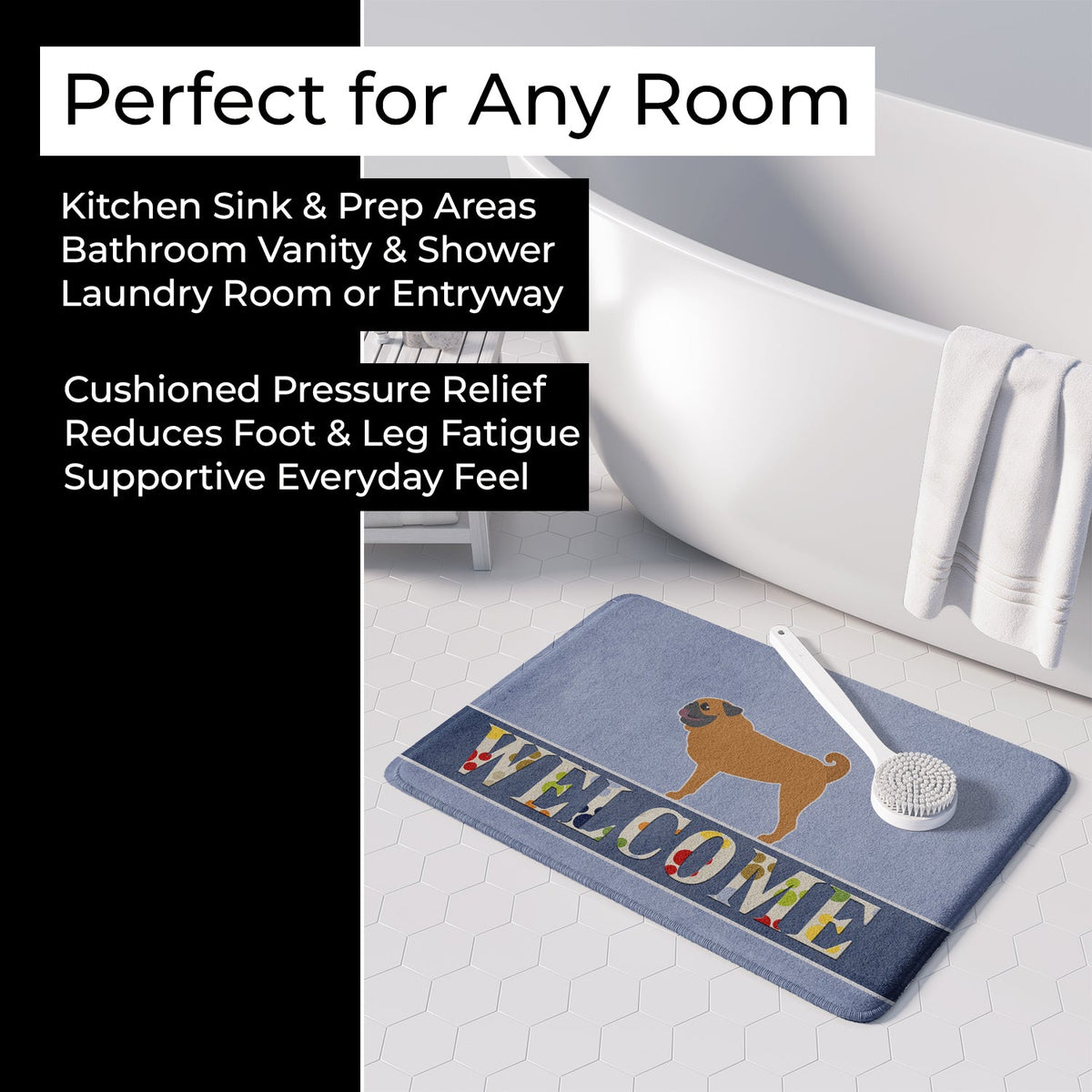 Pug Welcome Memory Foam Kitchen Mat Machine Washable Anti-Fatigue Cushion Comfort Bath or Kitchen Rug