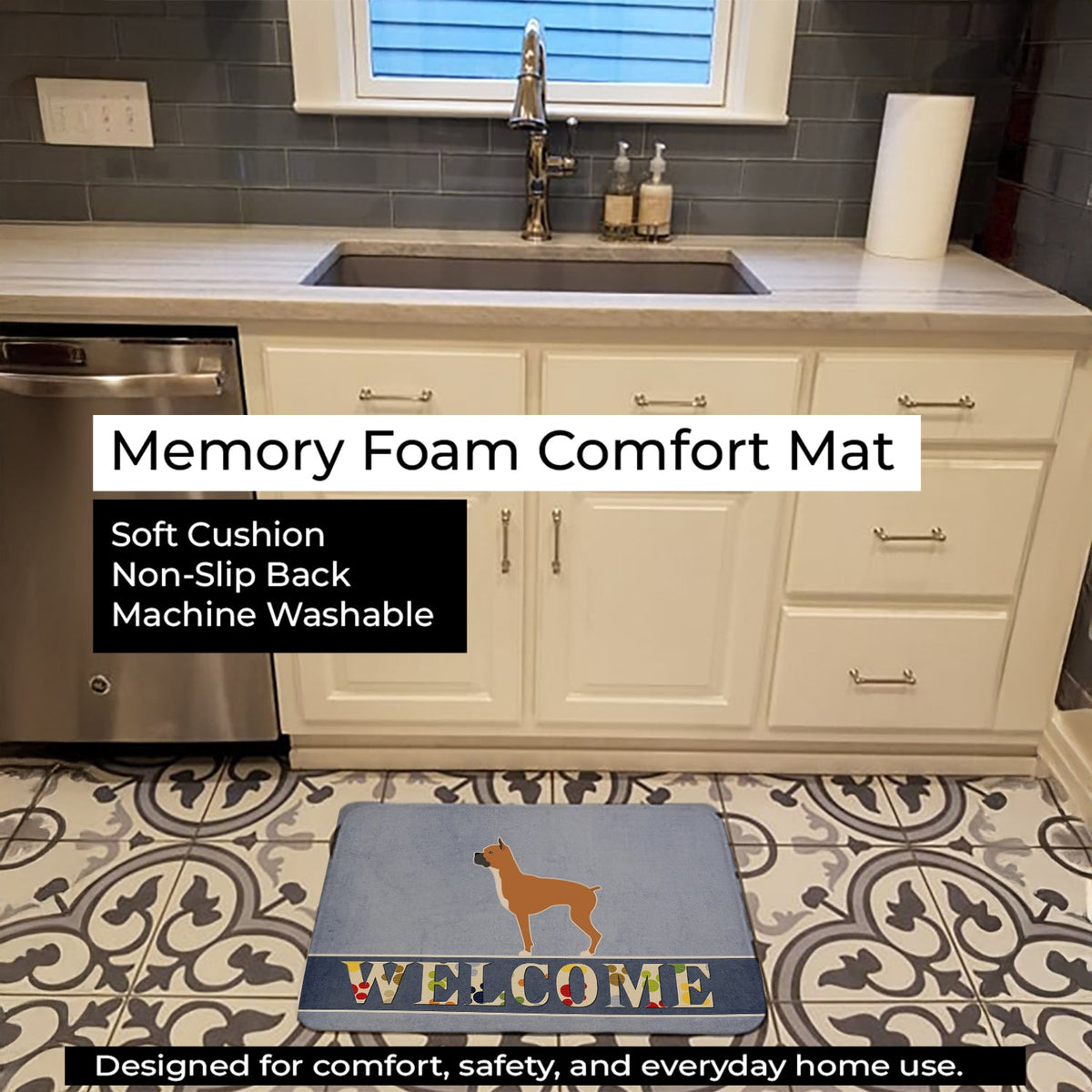 Boxer Welcome Memory Foam Kitchen Mat Machine Washable Anti-Fatigue Cushion Comfort Bath or Kitchen Rug