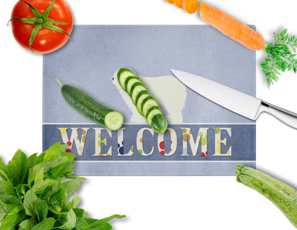 Komondor Welcome Cutting Board Tempered Glass Kitchen Cutting Surface, Heat Resistant Chopping, Non-Slip Feet, Food Prep & Serving