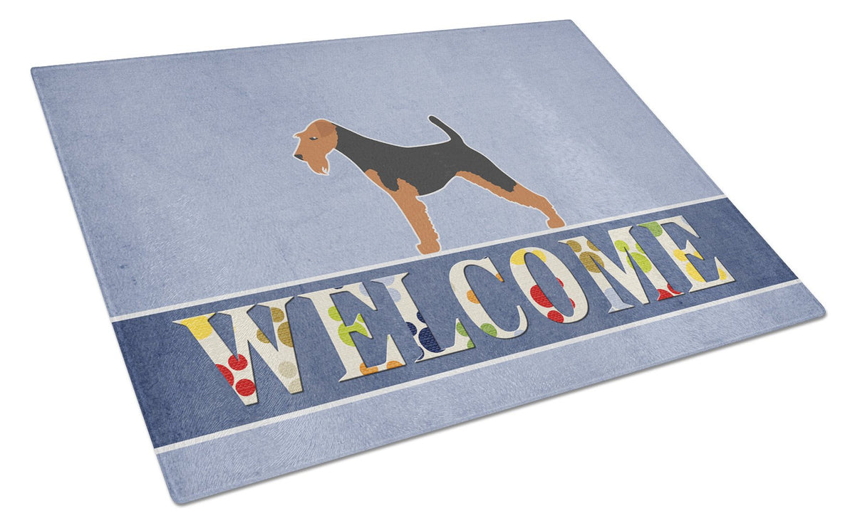 Airedale Terrier Welcome Cutting Board Tempered Glass Kitchen Cutting Surface, Heat Resistant Chopping, Non-Slip Feet, Food Prep & Serving