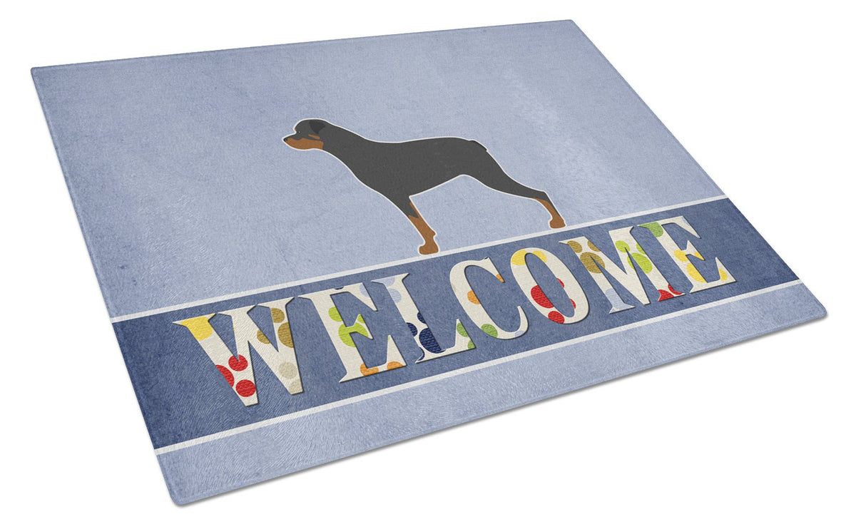 Rottweiler Welcome Cutting Board Tempered Glass Kitchen Cutting Surface, Heat Resistant Chopping, Non-Slip Feet, Food Prep & Serving