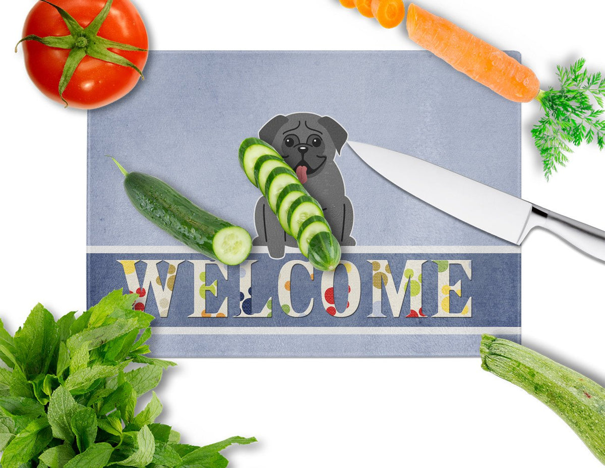 Pug Black Welcome Cutting Board Tempered Glass Kitchen Cutting Surface, Heat Resistant Chopping, Non-Slip Feet, Food Prep & Serving