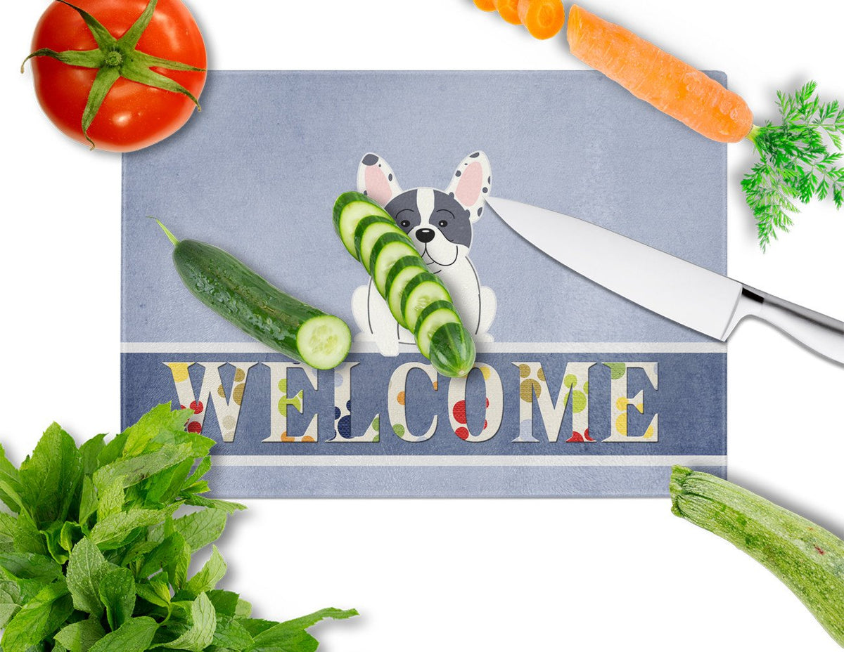 French Bulldog Piebald Welcome Cutting Board Tempered Glass Kitchen Cutting Surface, Heat Resistant Chopping, Non-Slip Feet, Food Prep & Serving