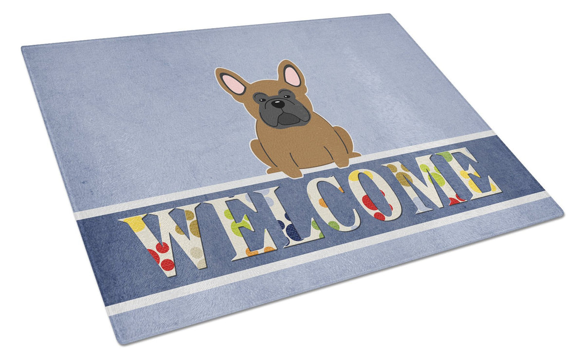 French Bulldog Brown Welcome Cutting Board Tempered Glass Kitchen Cutting Surface, Heat Resistant Chopping, Non-Slip Feet, Food Prep & Serving