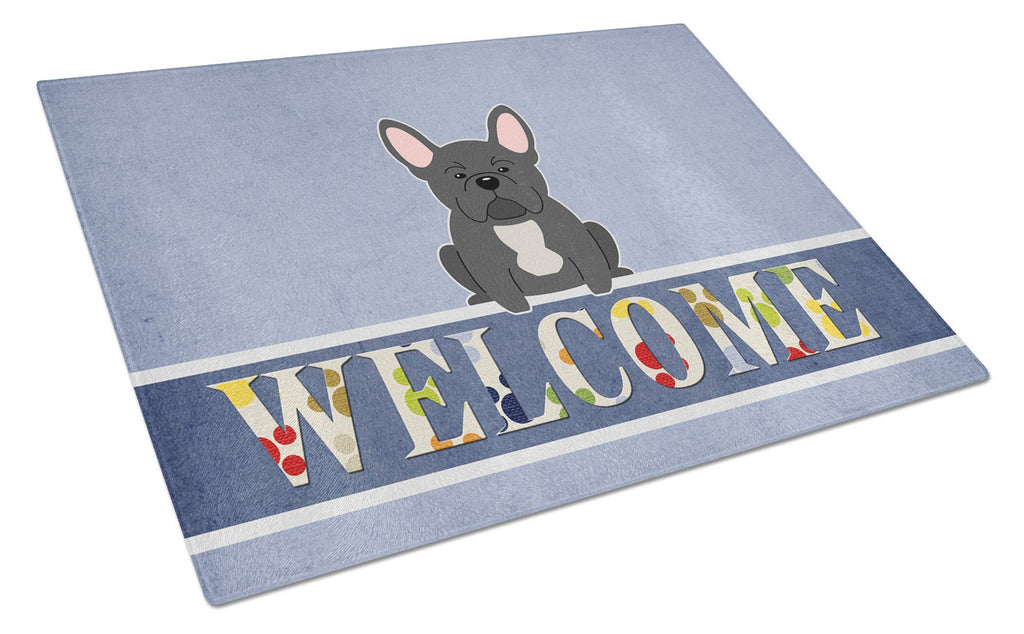 French Bulldog Black Welcome Cutting Board Tempered Glass Kitchen Cutting Surface, Heat Resistant Chopping, Non-Slip Feet, Food Prep & Serving
