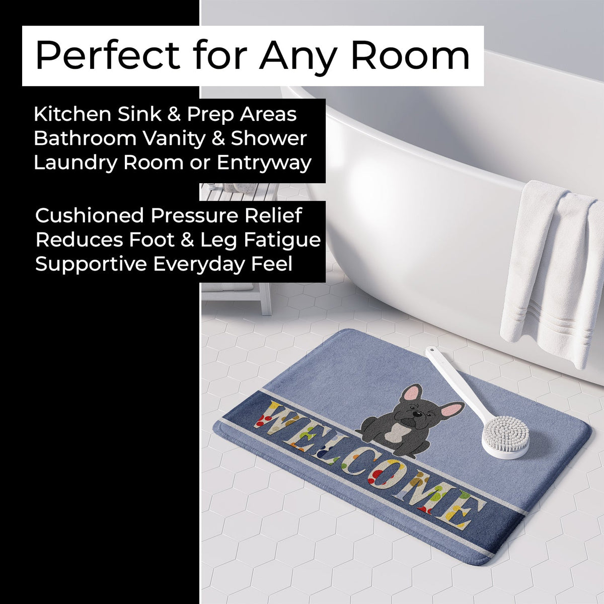 French Bulldog Black Welcome Memory Foam Kitchen Mat Machine Washable Anti-Fatigue Cushion Comfort Bath or Kitchen Rug