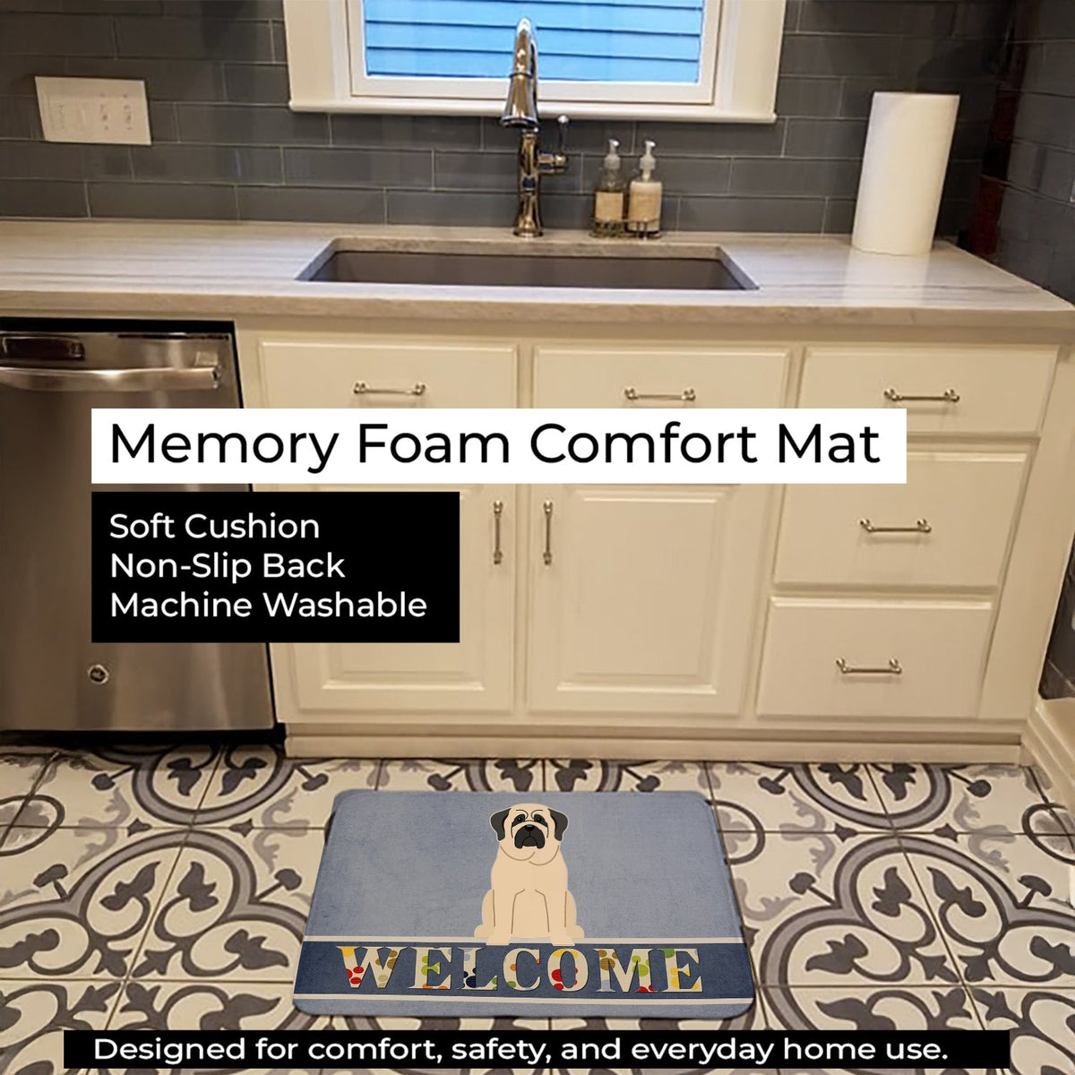 Mastiff White Welcome Memory Foam Kitchen Mat Machine Washable Anti-Fatigue Cushion Comfort Bath or Kitchen Rug