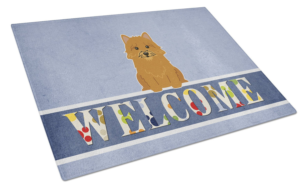 Norwich Terrier Welcome Cutting Board Tempered Glass Kitchen Cutting Surface, Heat Resistant Chopping, Non-Slip Feet, Food Prep & Serving