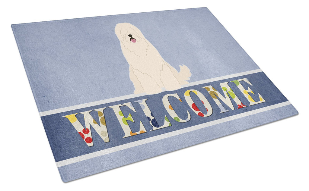 South Russian Sheepdog Welcome Cutting Board Tempered Glass Kitchen Cutting Surface, Heat Resistant Chopping, Non-Slip Feet, Food Prep & Serving