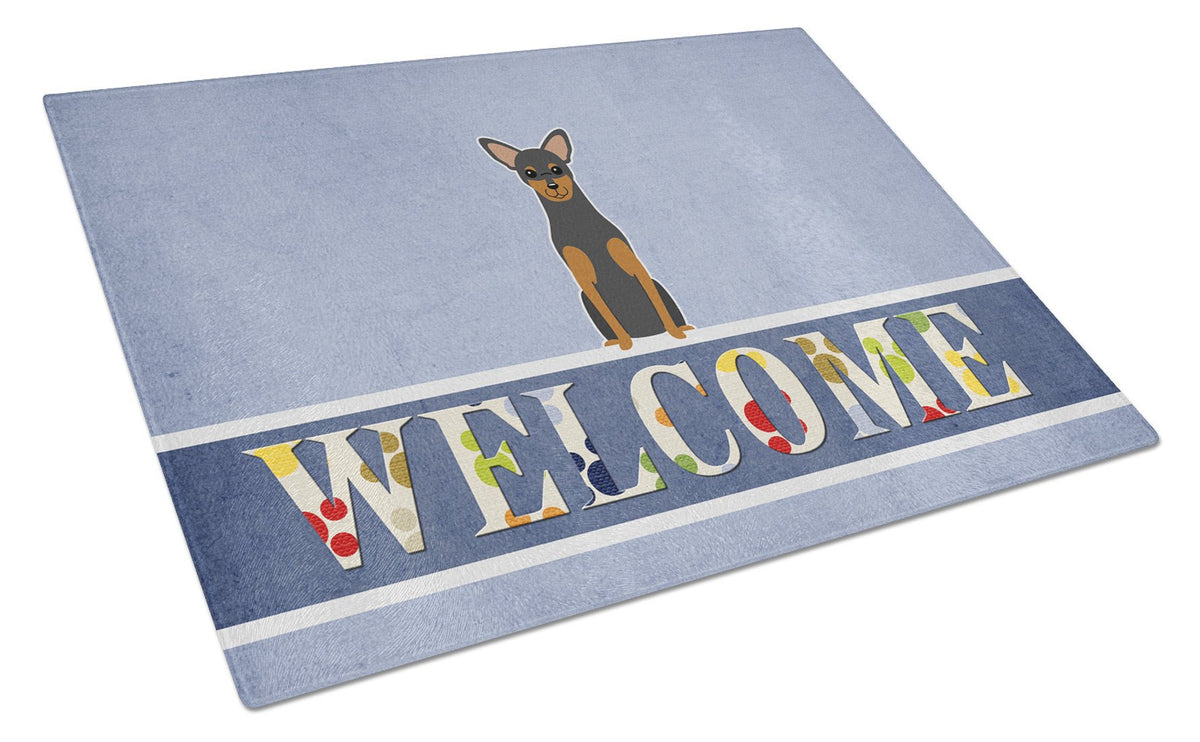 Manchester Terrier Welcome Cutting Board Tempered Glass Kitchen Cutting Surface, Heat Resistant Chopping, Non-Slip Feet, Food Prep & Serving