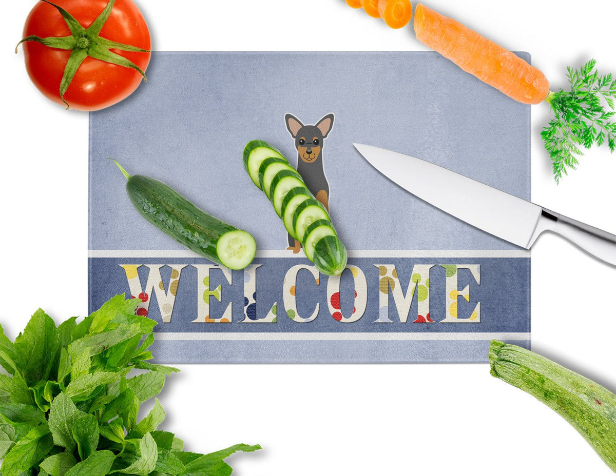 Manchester Terrier Welcome Cutting Board Tempered Glass Kitchen Cutting Surface, Heat Resistant Chopping, Non-Slip Feet, Food Prep & Serving