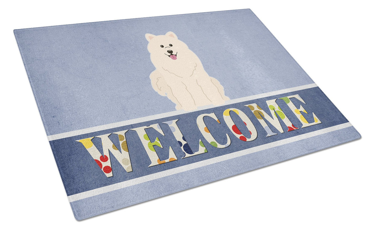 Samoyed Welcome Cutting Board Tempered Glass Kitchen Cutting Surface, Heat Resistant Chopping, Non-Slip Feet, Food Prep & Serving
