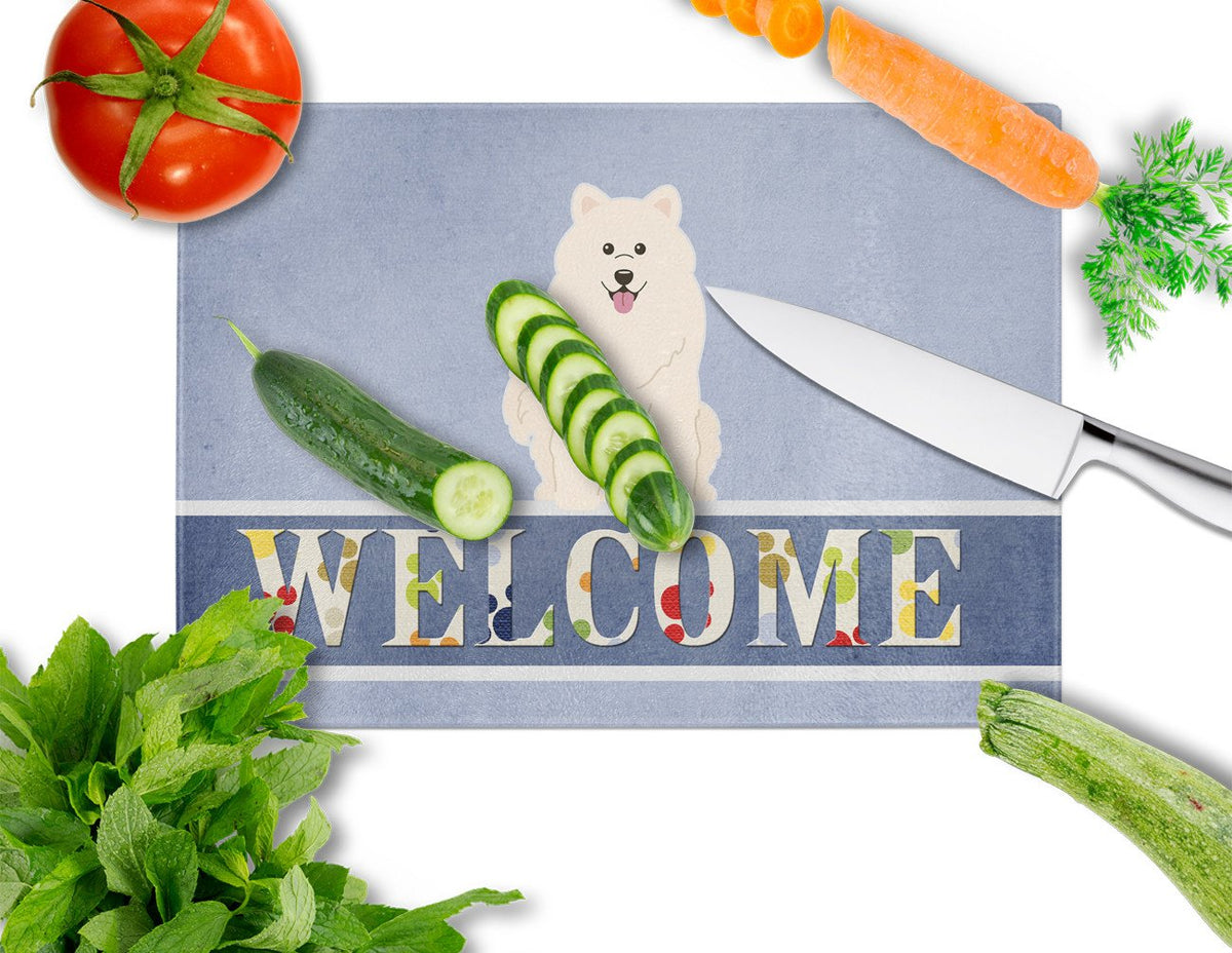 Samoyed Welcome Cutting Board Tempered Glass Kitchen Cutting Surface, Heat Resistant Chopping, Non-Slip Feet, Food Prep & Serving