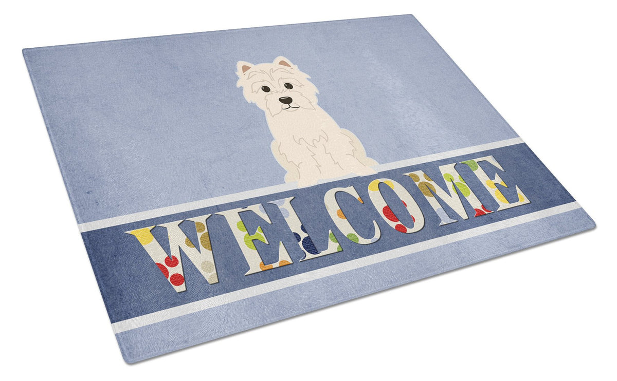 Westie Welcome Cutting Board Tempered Glass Kitchen Cutting Surface, Heat Resistant Chopping, Non-Slip Feet, Food Prep & Serving