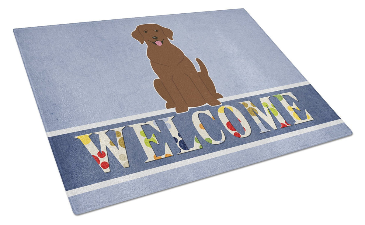 Chocolate Labrador Welcome Cutting Board Tempered Glass Kitchen Cutting Surface, Heat Resistant Chopping, Non-Slip Feet, Food Prep & Serving