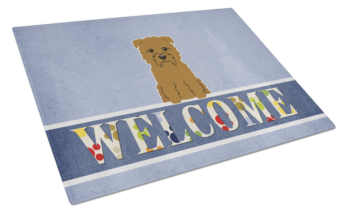 Glen of Imal Tan Welcome Cutting Board Tempered Glass Kitchen Cutting Surface, Heat Resistant Chopping, Non-Slip Feet, Food Prep & Serving