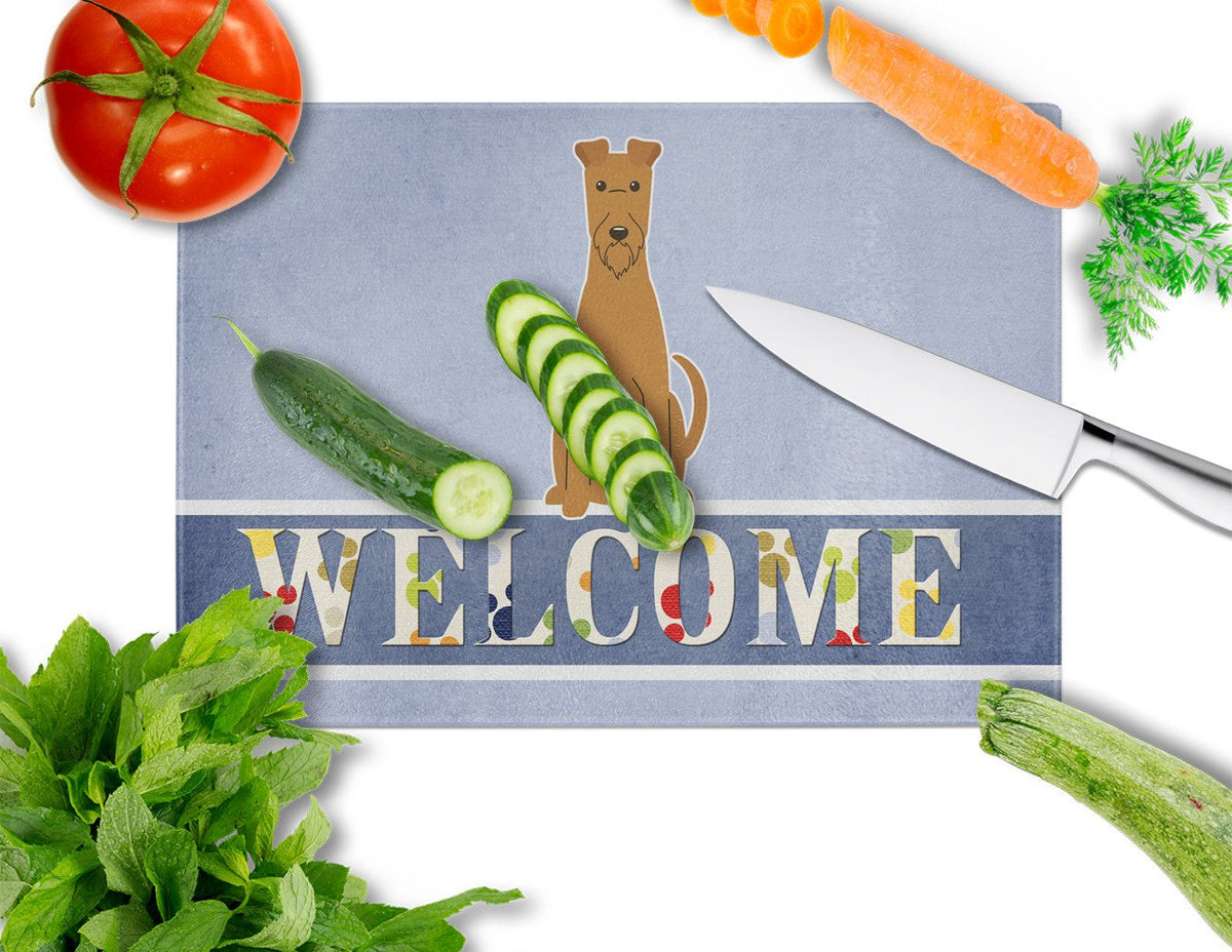 Irish Terrier Welcome Cutting Board Tempered Glass Kitchen Cutting Surface, Heat Resistant Chopping, Non-Slip Feet, Food Prep & Serving