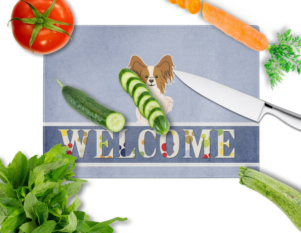 Papillon Red White Welcome Cutting Board Tempered Glass Kitchen Cutting Surface, Heat Resistant Chopping, Non-Slip Feet, Food Prep & Serving