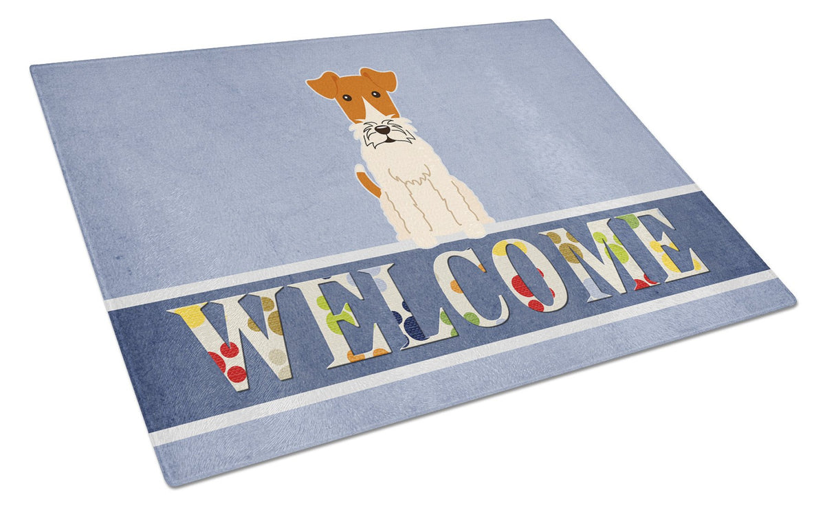 Wire Fox Terrier Welcome Cutting Board Tempered Glass Kitchen Cutting Surface, Heat Resistant Chopping, Non-Slip Feet, Food Prep & Serving