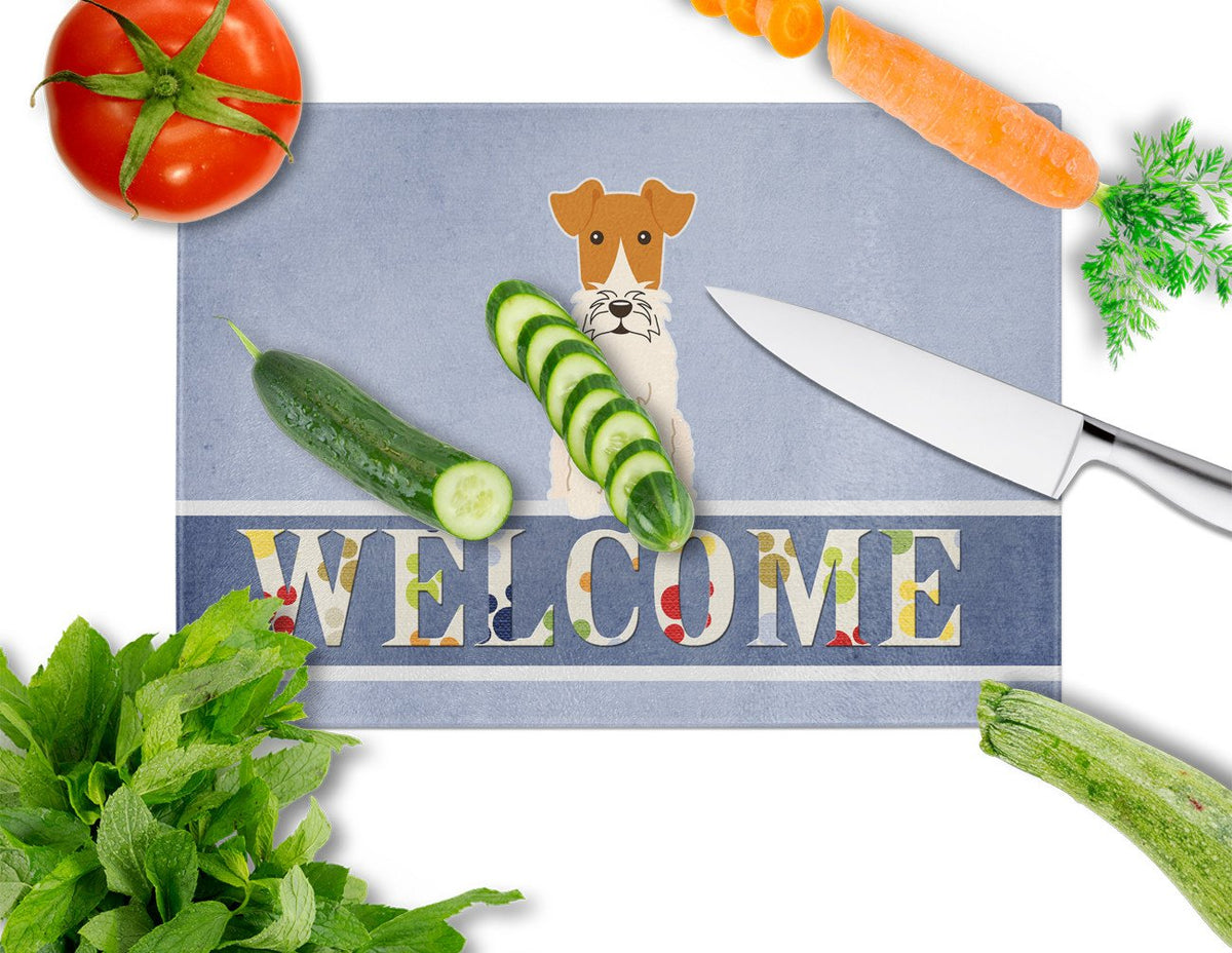 Wire Fox Terrier Welcome Cutting Board Tempered Glass Kitchen Cutting Surface, Heat Resistant Chopping, Non-Slip Feet, Food Prep & Serving