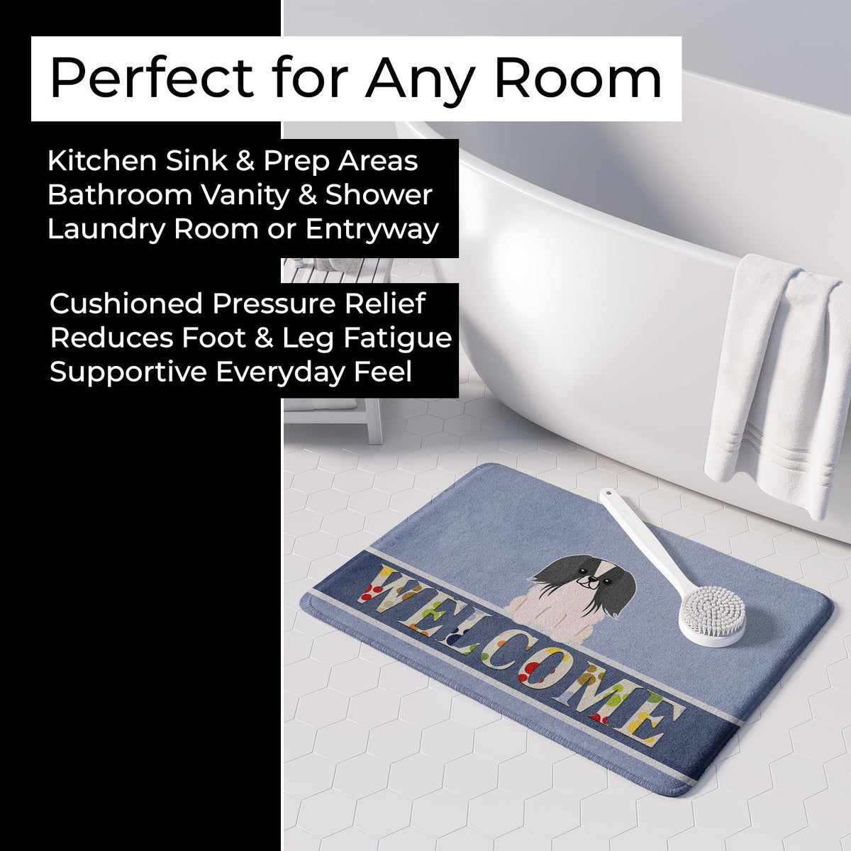 Pekingese Black White Welcome Memory Foam Kitchen Mat Machine Washable Anti-Fatigue Cushion Comfort Bath or Kitchen Rug