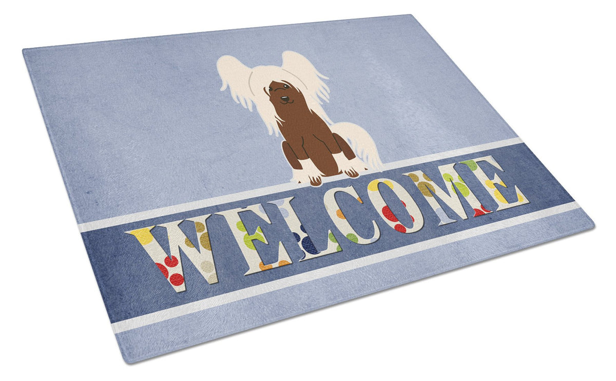 Chinese Crested Cream Welcome Cutting Board Tempered Glass Kitchen Cutting Surface, Heat Resistant Chopping, Non-Slip Feet, Food Prep & Serving