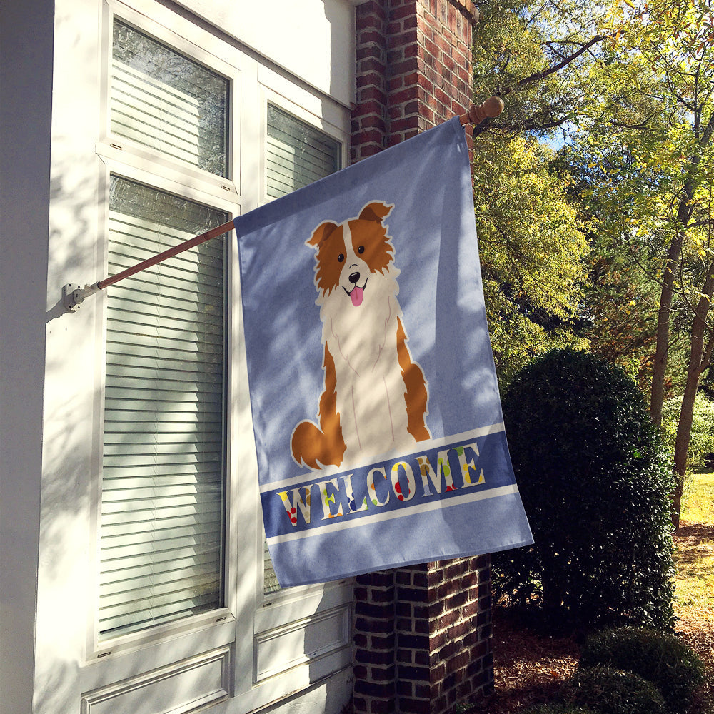 Border Collie Red White Welcome House Flag 28x40 Porch Sleeve Pole Decorative Outside Yard Banner Artwork Wall Hanging, Polyester