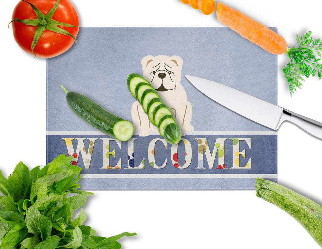 English Bulldog White Welcome Cutting Board Tempered Glass Kitchen Cutting Surface, Heat Resistant Chopping, Non-Slip Feet, Food Prep & Serving