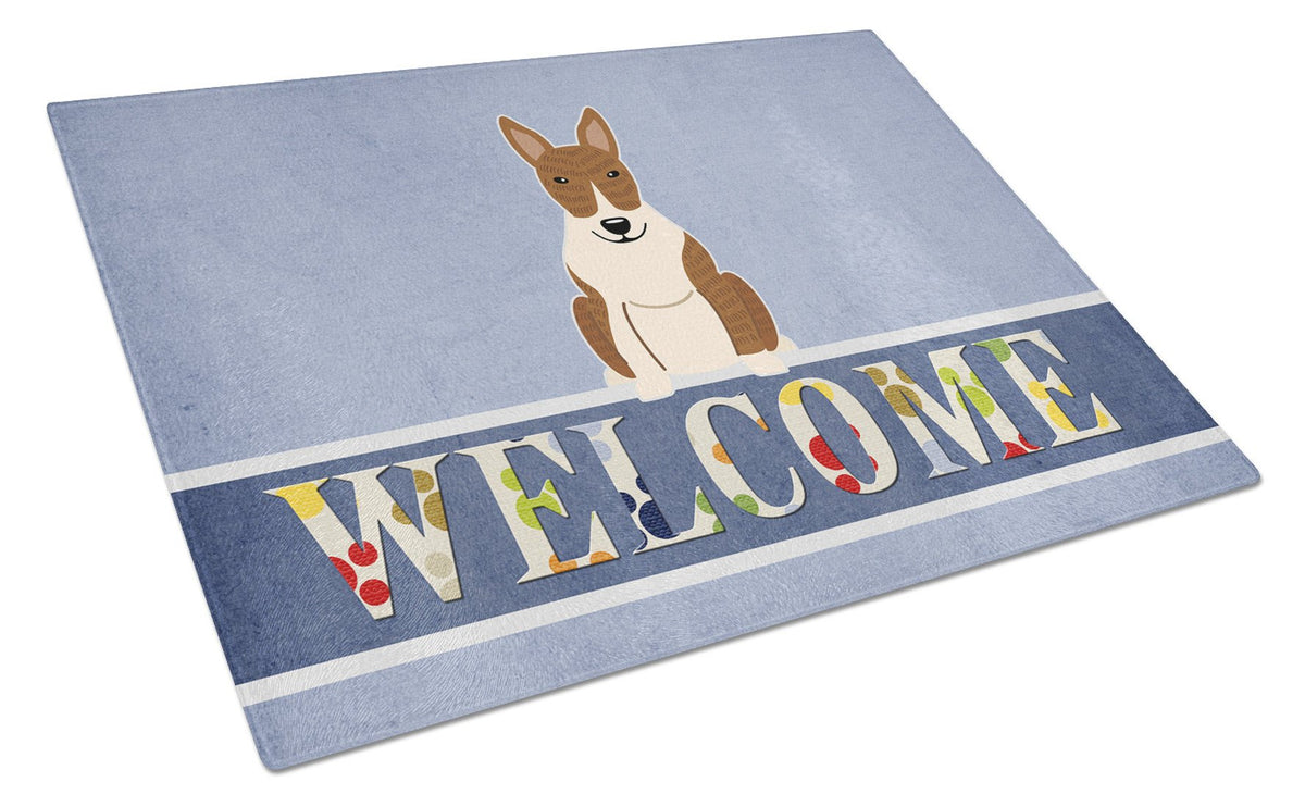Bull Terrier Brindle Welcome Cutting Board Tempered Glass Kitchen Cutting Surface, Heat Resistant Chopping, Non-Slip Feet, Food Prep & Serving