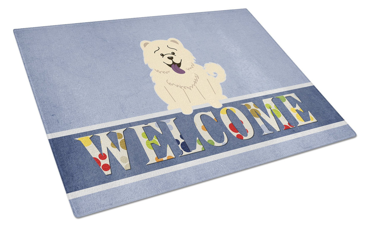 Chow Chow White Welcome Cutting Board Tempered Glass Kitchen Cutting Surface, Heat Resistant Chopping, Non-Slip Feet, Food Prep & Serving