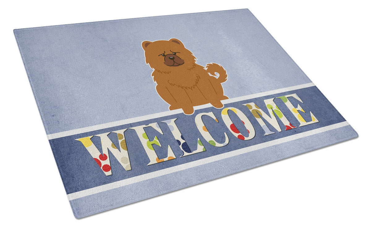 Chow Chow Red Welcome Cutting Board Tempered Glass Kitchen Cutting Surface, Heat Resistant Chopping, Non-Slip Feet, Food Prep & Serving