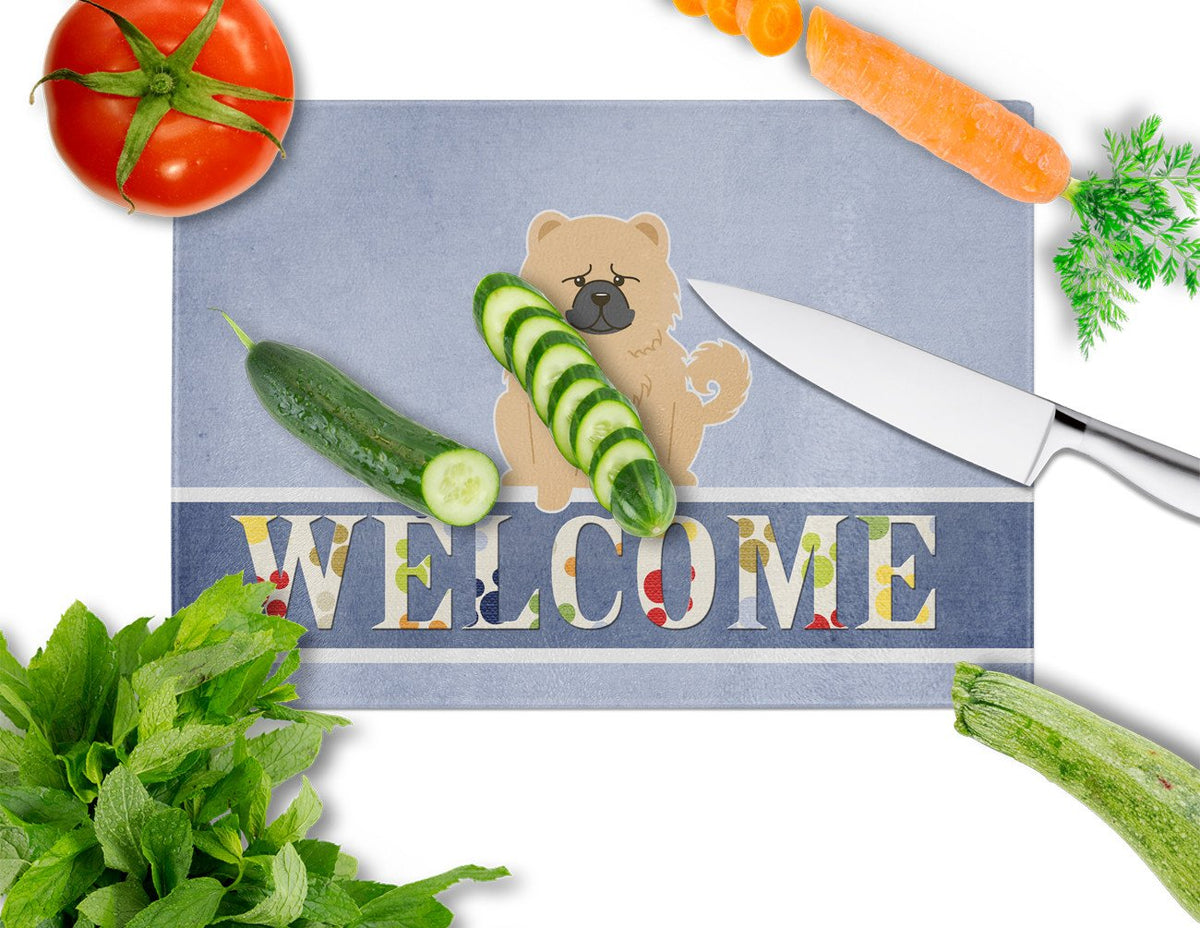 Chow Chow Cream Welcome Cutting Board Tempered Glass Kitchen Cutting Surface, Heat Resistant Chopping, Non-Slip Feet, Food Prep & Serving