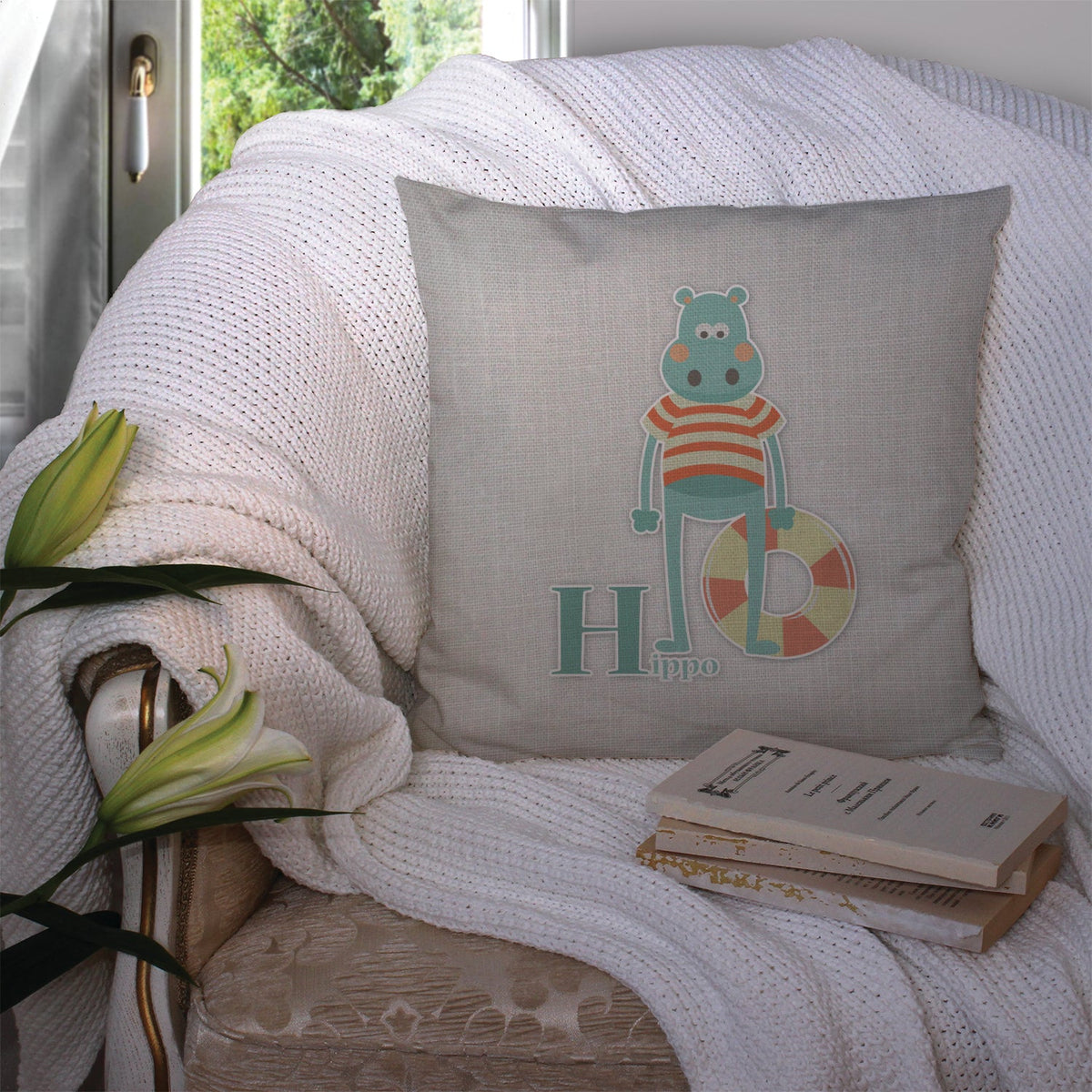 Alphabet H for Hippopotamus Decorative Throw Pillow 14x14 Indoor Outdoor Accent Cushion, Fabric Cover with Insert for Sofa, Bed, Porch & Living Room