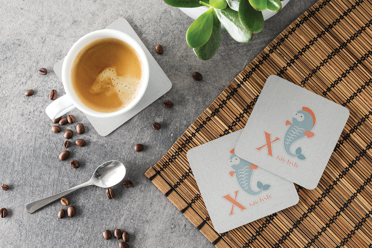 Alphabet X for Xray Fish Foam Coasters Set of 4 Cup Coasters for Indoor Outdoor, Tabletop Protection, Anti Slip, Mouse pad Material