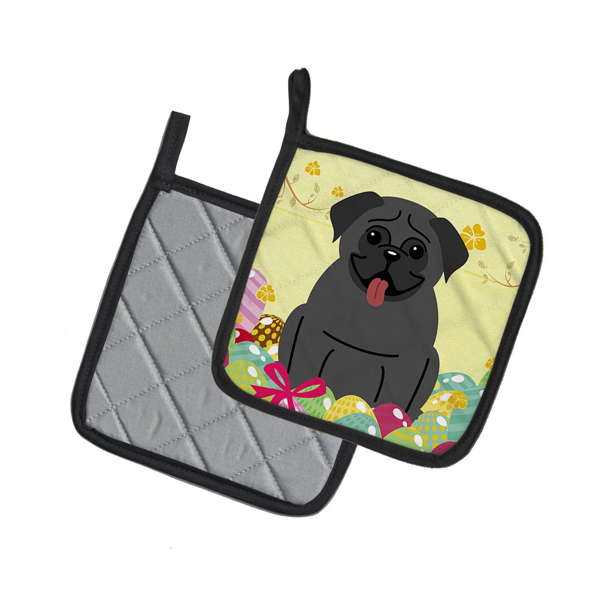 Easter Eggs Pug Black Pot Holder Set of 2 Heat Resistant Quilted Hot Pads 7.5 x 7.5 Inch, Insulated Kitchen Trivets for Cooking & Baking