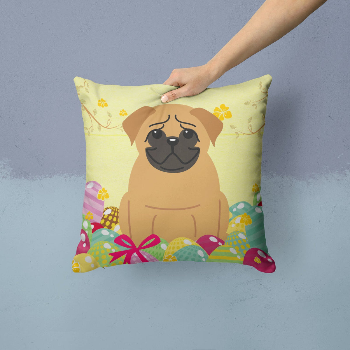 Easter Eggs Pug Brown Decorative Throw Pillow 14x14 Indoor Outdoor Accent Cushion, Fabric Cover with Insert for Sofa, Bed, Porch & Living Room