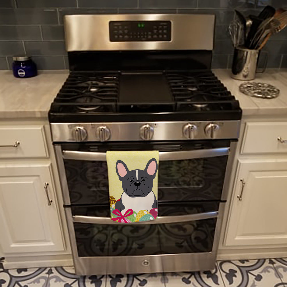 Easter Eggs French Bulldog Black White Kitchen Towel Velour Plush Front and Cotton Loop Back Machine Washable