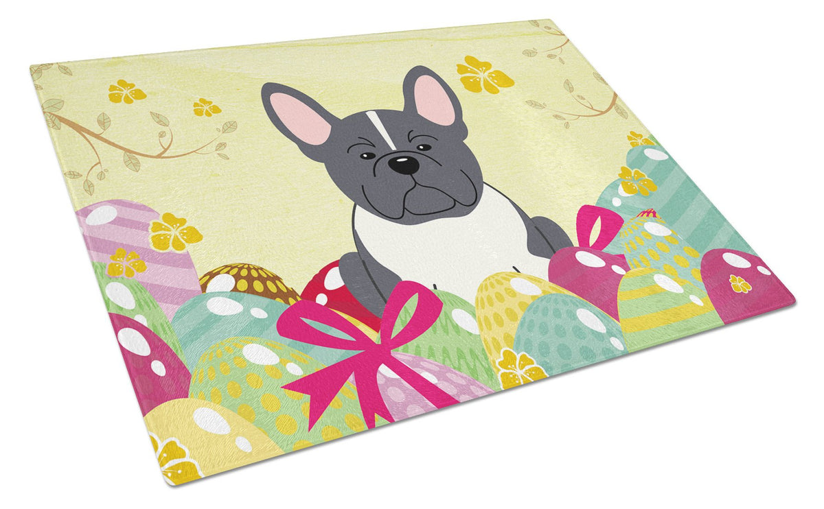 Easter Eggs French Bulldog Black White Cutting Board Tempered Glass Kitchen Cutting Surface, Heat Resistant Chopping, Non-Slip Feet, Food Prep & Serving
