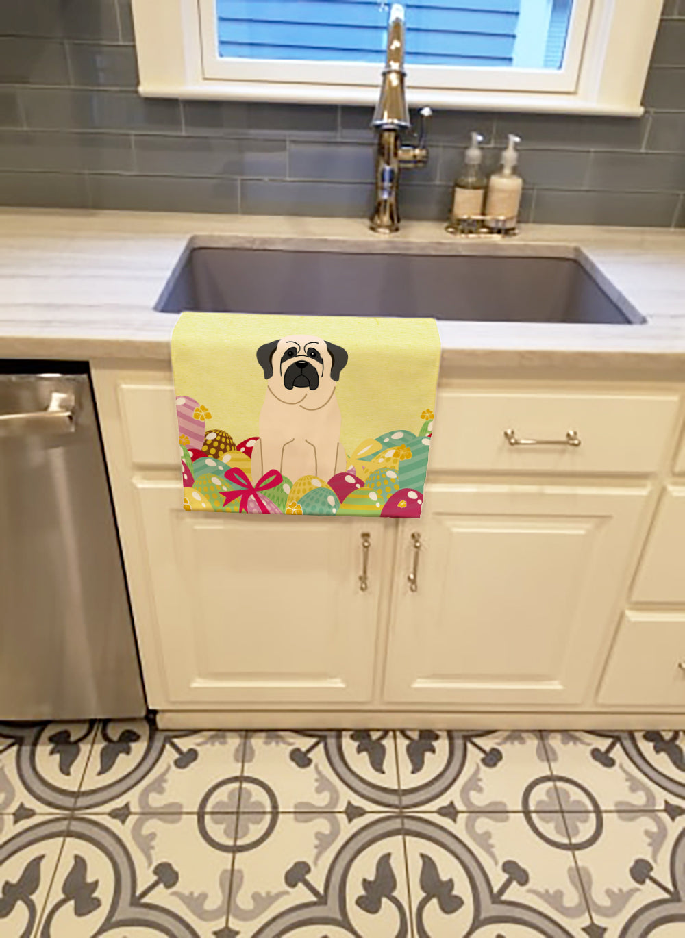 Easter Eggs Mastiff White Kitchen Towel Velour Plush Front and Cotton Loop Back Machine Washable