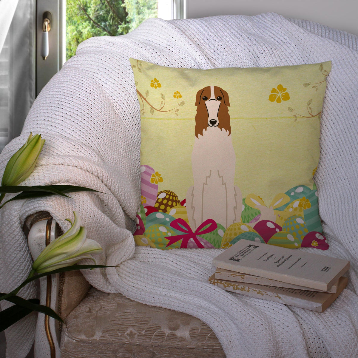 Easter Eggs Borzoi Decorative Throw Pillow 14x14 Indoor Outdoor Accent Cushion, Fabric Cover with Insert for Sofa, Bed, Porch & Living Room